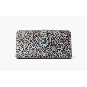 GUC bifold western wallet in turquoise and brown tooled leather with stone